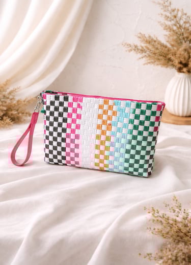 Handmade multicolor pastel woven plastic clutch bag eco friendly by Craftvitas Indonesia