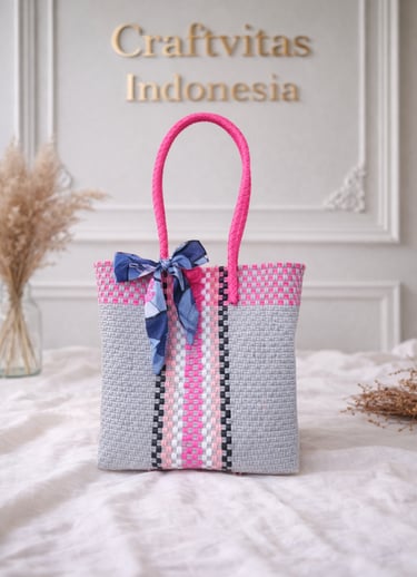 Rainbow grey pink striped handwoven plastic tote bag handmade by Craftvitas Indonesia