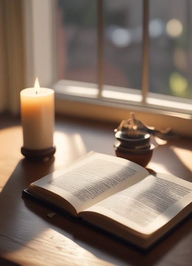 Softly glowing candles beside an open journal filled with handwritten prayers and reflections.