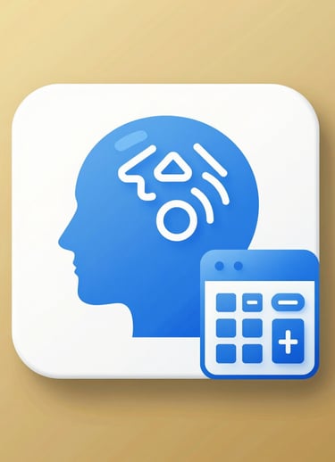 A blue profile icon of a human head with a calculator representing cognitive math and data processing.