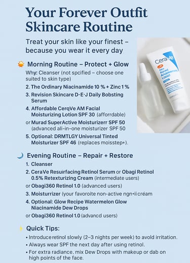 Infographic-style AM and PM skincare routine guide with product steps and quick tips, shown on a cal