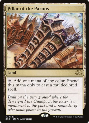 Pillar of the Paruns land card from Magic: The Gathering Double Masters 2022 featuring guild symbols.