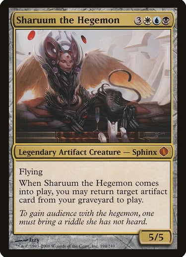 Sharuum the Hegemon Magic the Gathering legendary artifact sphinx card with flying and artifact recursion abilities.