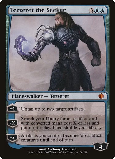 Magic: The Gathering card Tezzeret the Seeker, a blue Planeswalker with artifact-themed abilities.