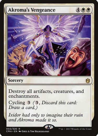 Magic: The Gathering card Akroma's Vengeance showing an angel destroying artifacts and creatures.