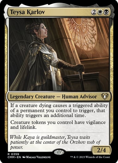 Teysa Karlov Magic: The Gathering card featuring a noble woman in an ornate gothic cathedral setting.
