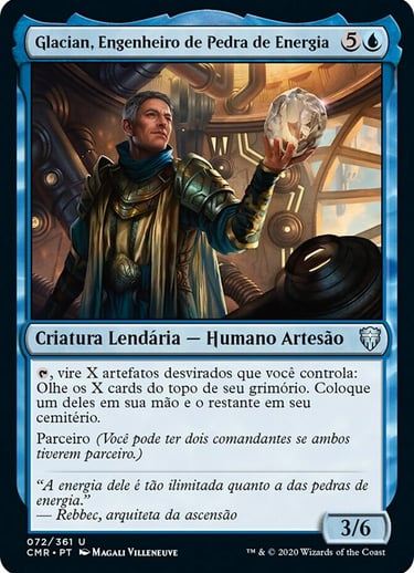 Magic: The Gathering card Glacian, Powerstone Engineer featuring a male artisan holding a glowing crystal.