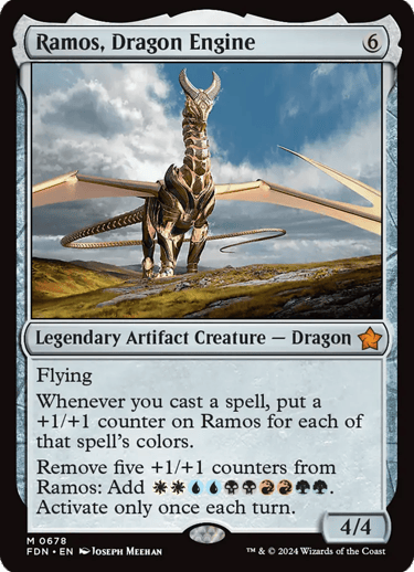 Magic: The Gathering card Ramos, Dragon Engine featuring a golden mechanical dragon in a field.