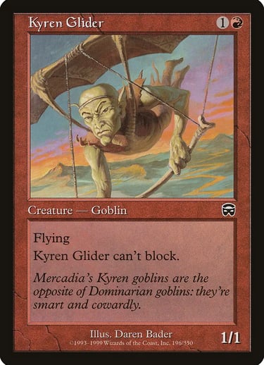 Kyren Glider Magic: The Gathering card featuring a goblin flying a primitive glider over a sunset landscape.