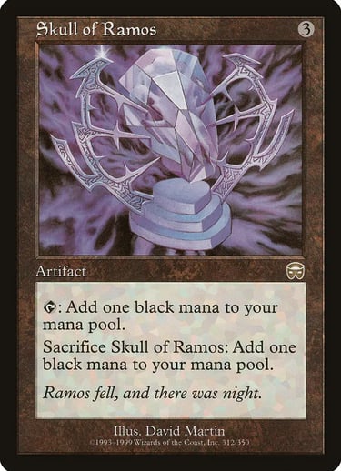 Skull of Ramos Magic the Gathering card featuring a crystal skull artifact in a dark purple energy field.