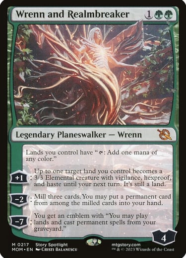 Wrenn and Realmbreaker Magic the Gathering card featuring green planeswalker art and gameplay abilities.