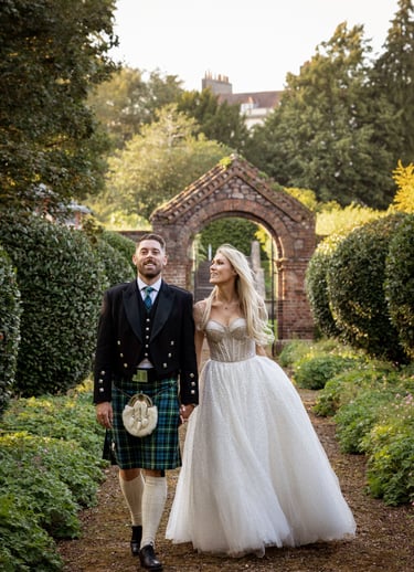 a bride and groom walking through a garden