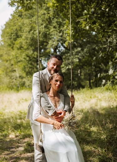 a bride and groom are posing for a photo