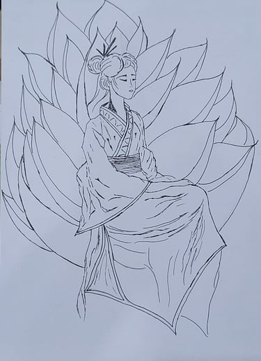 Dibujo a lápiz de Óscar Ocaña Parrón; una princesa oriental está sentada en un Trono con forma de Flor de Loto