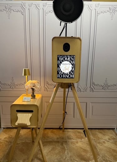 Vintage inspired wooden photo booth with ring light and touch screen for wedding event rentals.