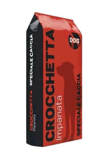 Red and black bag of Crocchetta Impanata Speciale Caccia dry dog food for hunting dogs.