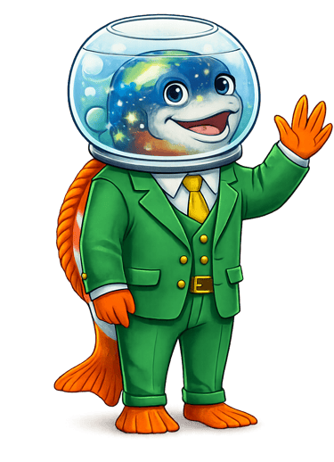 Cartoon fish mascot wearing a green suit and a fishbowl space helmet with a nebula pattern.
