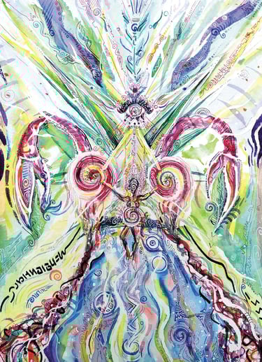Aquarelle aux tons colorés entre l'abstrait et le cocret, pouvant représenter une frontiere entre mer et ciel, un uterus, etc