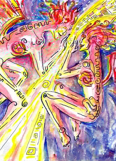 Illustration à l'aquarelle de la rencontre deux âmes ailées dans un décor galactique