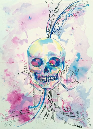 Aquarelle d'un crâne éthérique avec des motifs psychédéliques au feutre fin, tons rosés et bleus