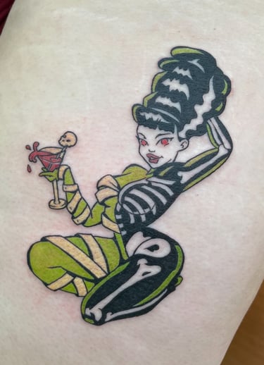Tattoo Comic Skeleton Lady in vibrant flourescent green