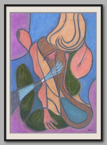Stylized abstract figure with elongated limbs and flowing hair; warm oranges and browns interlock wi