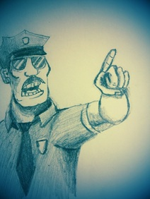 Drawing of an angry policeman pointing