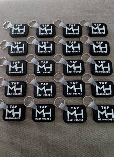 a bunch of keychains with tags on them