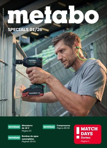 Portada del catálogo Metabo 2026 con ofertas especiales y novedades en herramientas a batería, motos