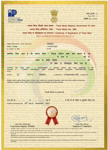 Trademark Certificate of Prajjwal International Company Aligarh.