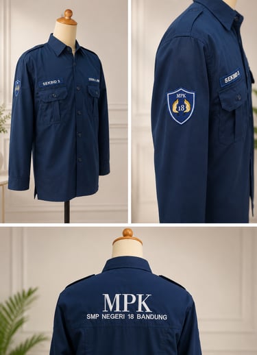 Navy blue MPK SMP Negeri 18 Bandung student council uniform shirt with embroidered patches on a mannequin.