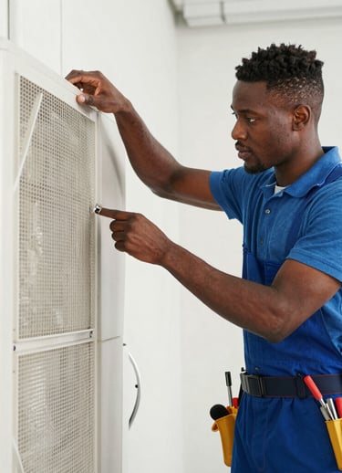 Exterior view of a high-end air conditioning unit installed on a luxury residence surrounded by lush landscaping.