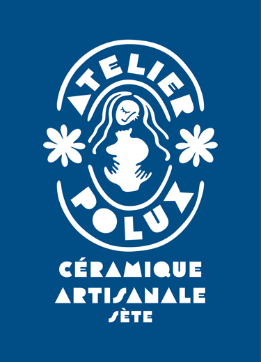 Logo of Atelier Polux. An illustration showing a lady with long hair holds a vase against her chest.