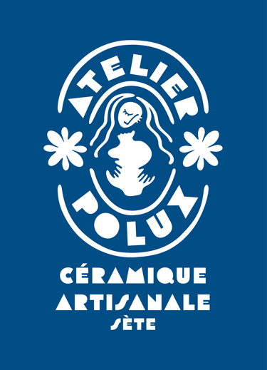 Logo of Atelier Polux. An illustration showing a lady with long hair holds a vase against her chest.