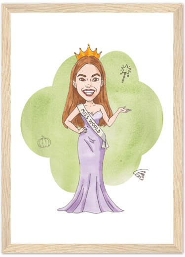portrait style bd, feutre alcool, femme, miss world, poster encadré bois