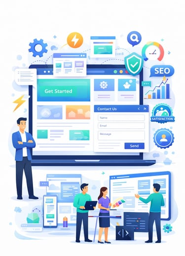 Development team collaborating on a custom website design with SEO optimization and contact form features.