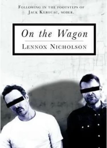 Book cover featuring a black & white image of two men in front of a wall, their faces masked by horizontal black stripes