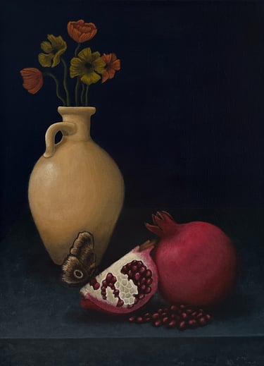 Still life painting of a vase with flowers, a pomegranate and a moth on a table