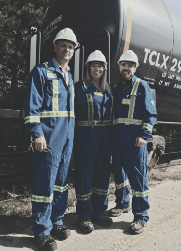 Chandra Blouin Vitomir at oil refinery plant in north vancouver near railcar
