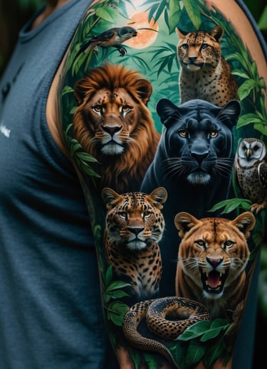 Tatuaggio di un braccio con tanti animali della foresta