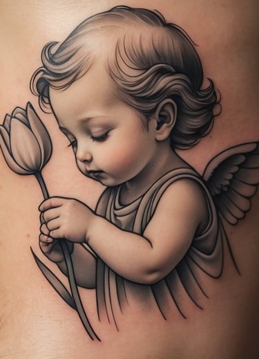 Tatuaggio di un bambino con delle ali che tiene in mano un tulipano