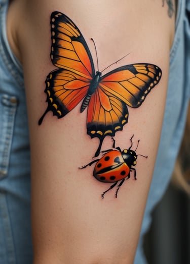Tatuaggio su un braccio di una farfalla arancione e una coccinella