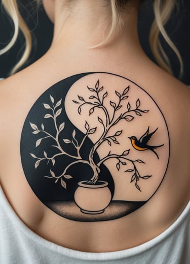 Tatuaggio su una schiena di ragazza: un albero in vaso in bianco e nero con una rondine