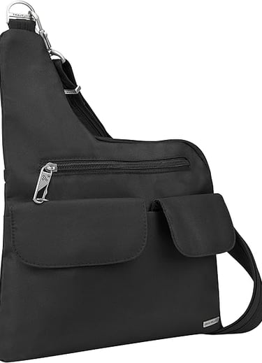 a black cross body bag with a zippered shoulder strap