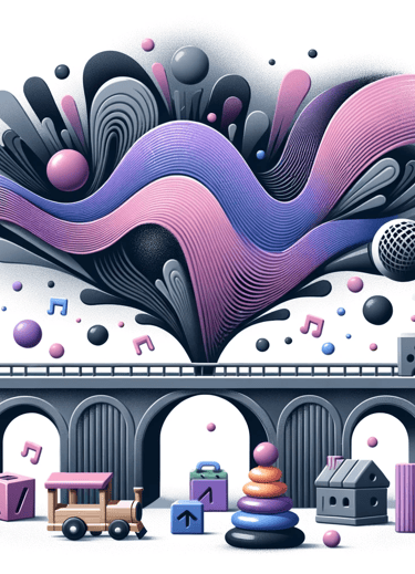 a colorful illustration of a train on a bridge