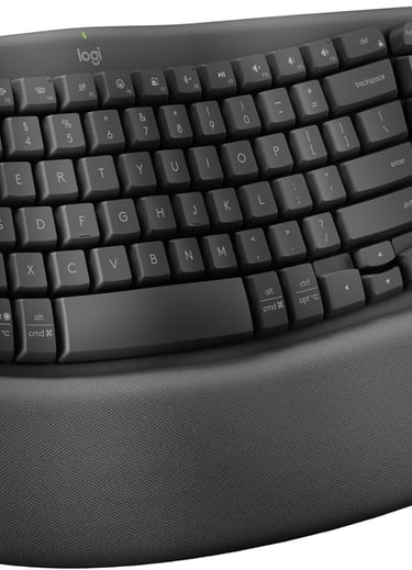 Logitech Wave Keys wireless ergonomic keyboard with a cushioned palm rest and wave-shaped design.