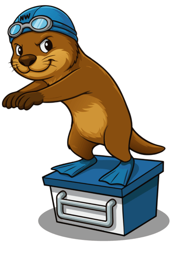 De vrolijke otter mascotte van NextWave zwemschool in Liedekerke op een startblok.