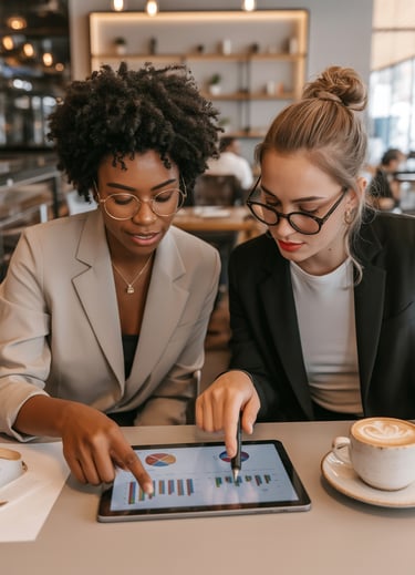 two women sitting at a table with a tablet