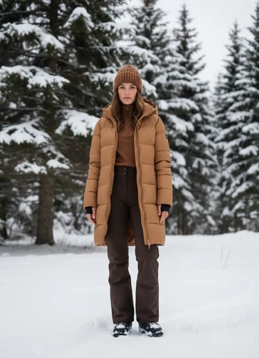 Woman wearing stylish camel puffer coat and chocolate brown ski pants standing in snowy forest.
