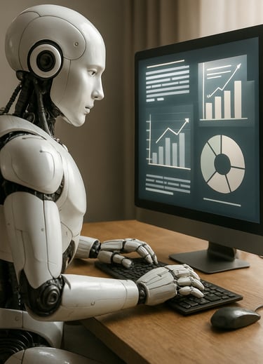 Robô-trabalhando-computador-criando-conteúdo-educativo-gráficos-textos-saindo-tela